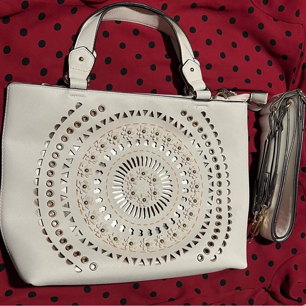 Chinese Laundry White Tote Bag with Gold Accents